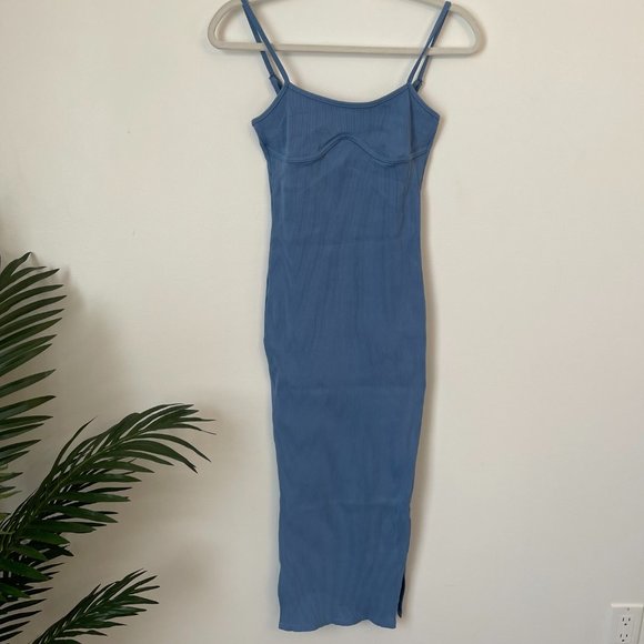 Dusty Blue Snatched Midi Dress - Picture 1 of 4